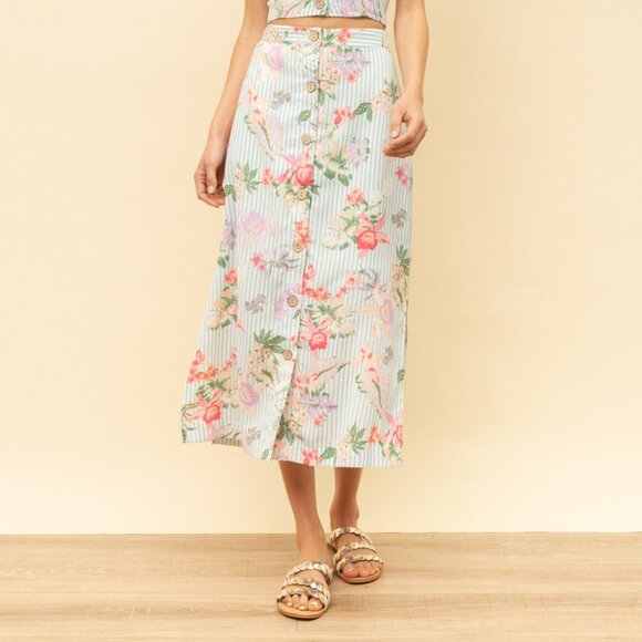 HEM & THREAD Floral Button-Front Midi Skirt | Mint Stripe Garden Print - Picture 6 of 8